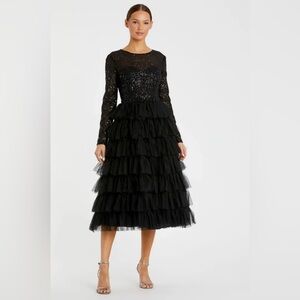 NEW IEENA MAC DUGGAL Long Black Sleeve Ruffle Tiered Midi Dress 26299 Size 14